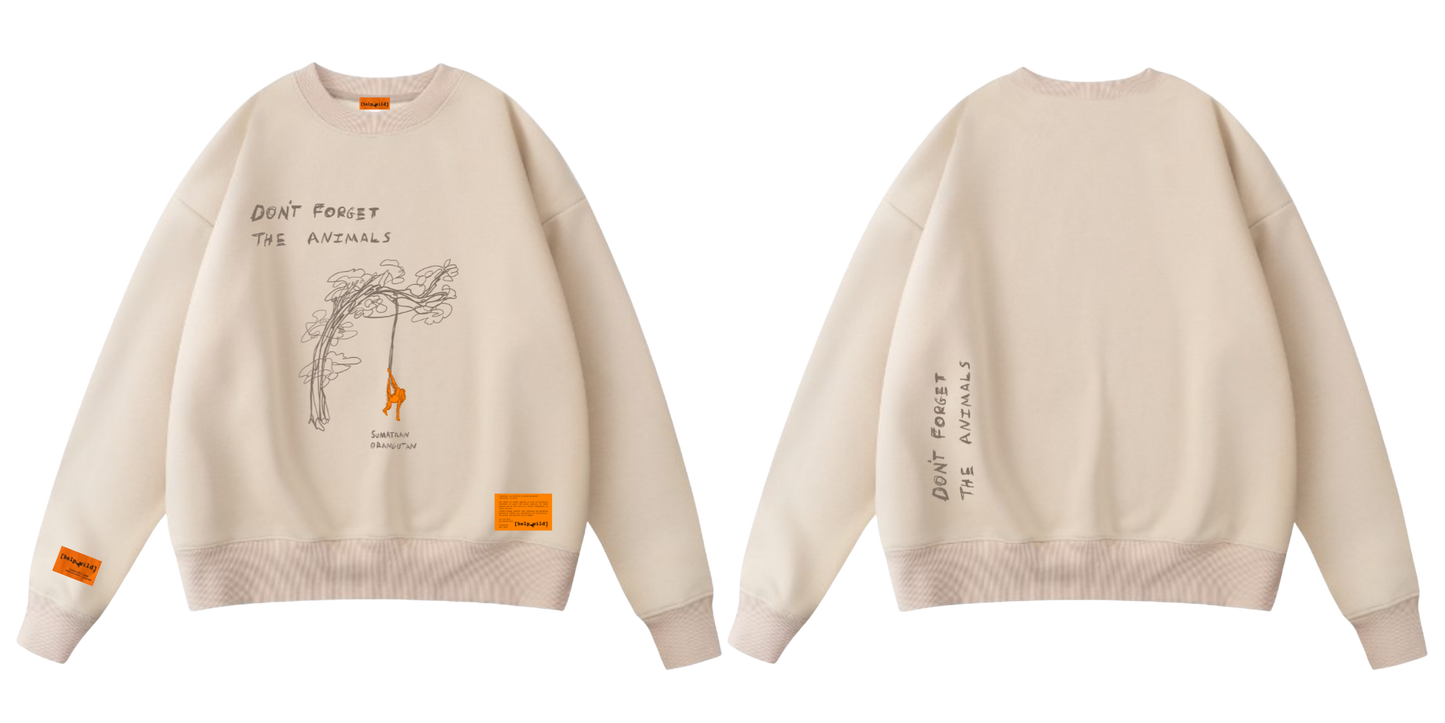Cream Colored Orangutan Endangered Species sweater made of organic cotton in the streetwear style with the phrase Don't Forget The Animals