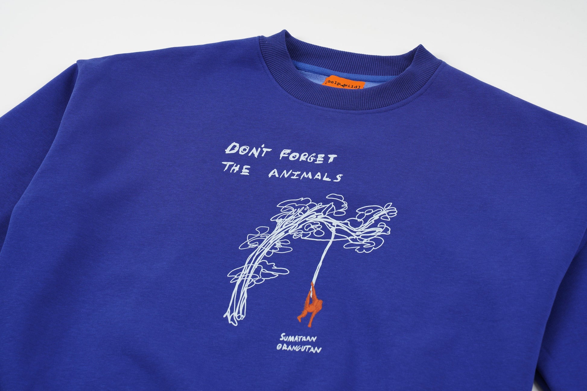 Blue Orangutan Endangered Species sweater made of organic cotton in the streetwear style with the phrase Don't Forget The Animals