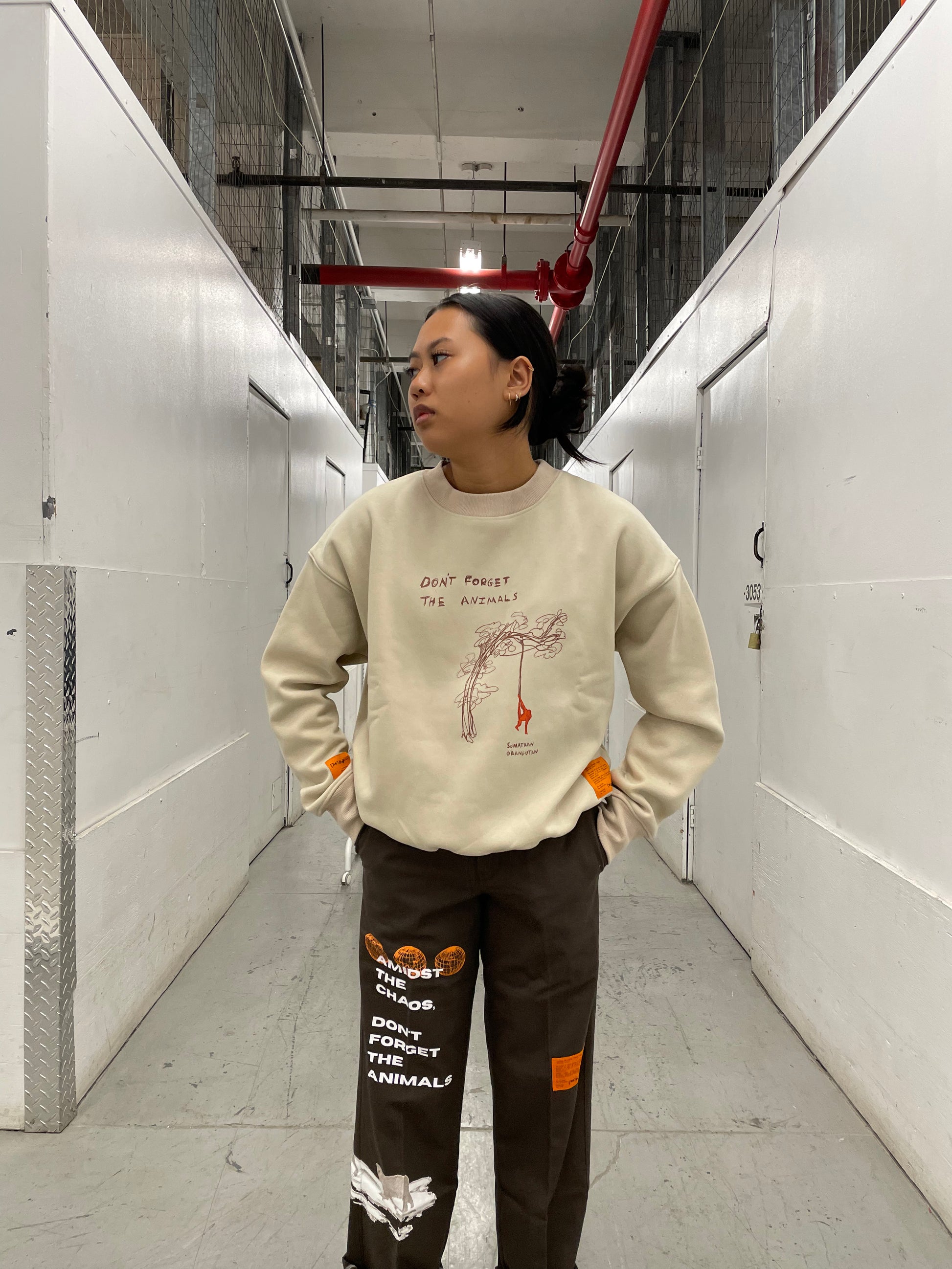 Orangutan Endangered Species sweater made of organic cotton in the streetwear style and work pants with polar bear artwork